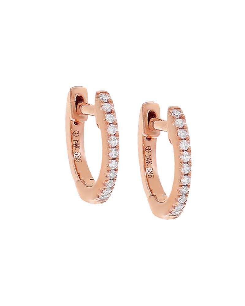 Front of a size 10 MM Diamond Huggie Earring 14K Rose Gold 10 MM Pair in 14K Rose Gold by By Adina Eden. | dia_product_style_image_id:292152